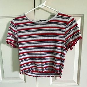 White, red, black, and gray stripped crop top